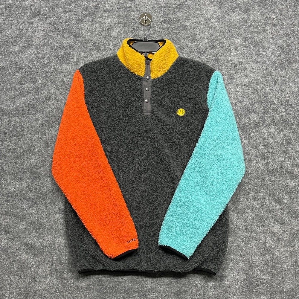 Dutch Bros Pullover Mens Large GreyOrange Colorblock Sherpa Fleece Snap Buttons